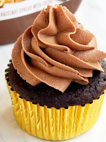 Easy Nutella Cupcakes With Cake Mix Box Topped With Swirl of Chocolate Hazelnut Buttercream.