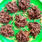 Easy No Bake Haystack Cookies With Chocolate And Butterscotch on Green Dish.