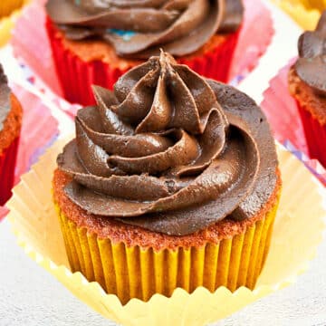 Easy Chocolate Buttercream Frosting (Chocolate Ermine Frosting) Piped on Top of Cupcake.