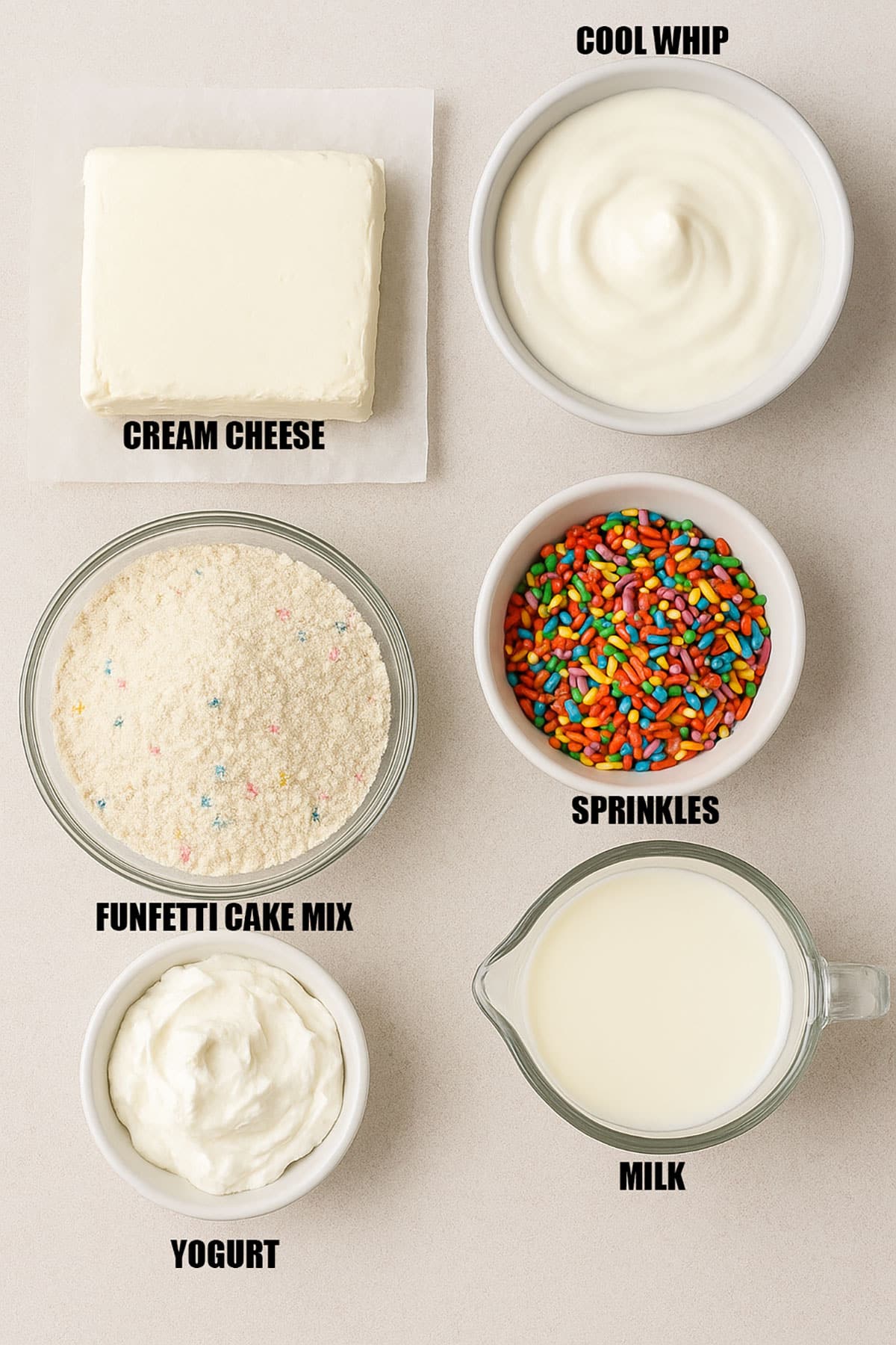 Ingredients in Separate Containers on Dull Beige Background.