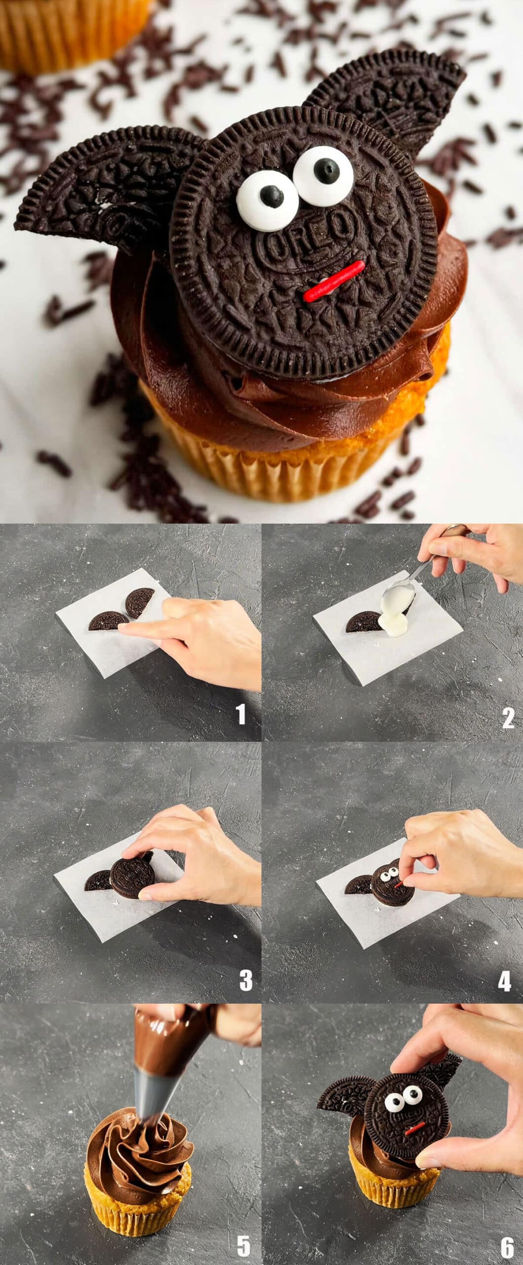 Collage image with step by step process shots on how to make easy Halloween bat cupcakes. 