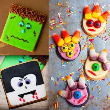 Collage of Easy Halloween Cookies (Frankenstein, Dracula Vampire, Monster).