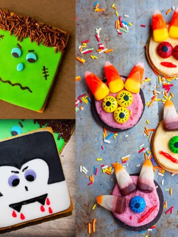 Collage of Easy Halloween Cookies (Frankenstein, Dracula Vampire, Monster).