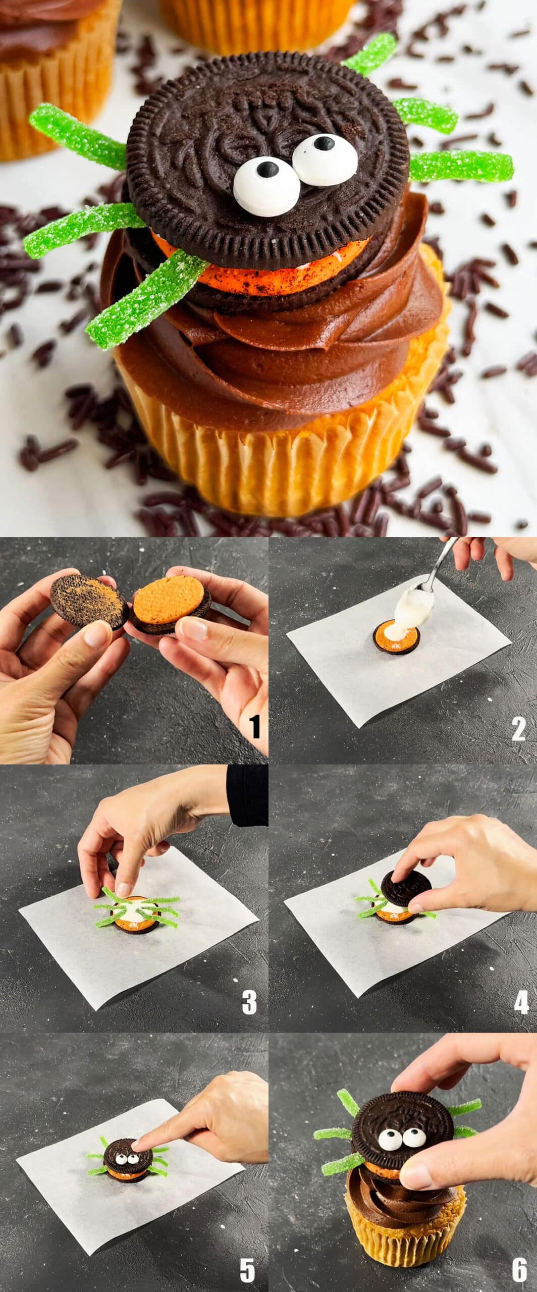 Collage image with step by step process shots on how to make easy Halloween spider cupcakes. 