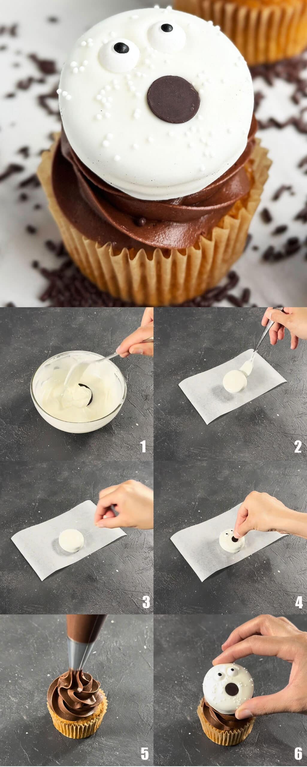Collage image with step by step process shots on how to make easy Halloween ghost cupcakes. 