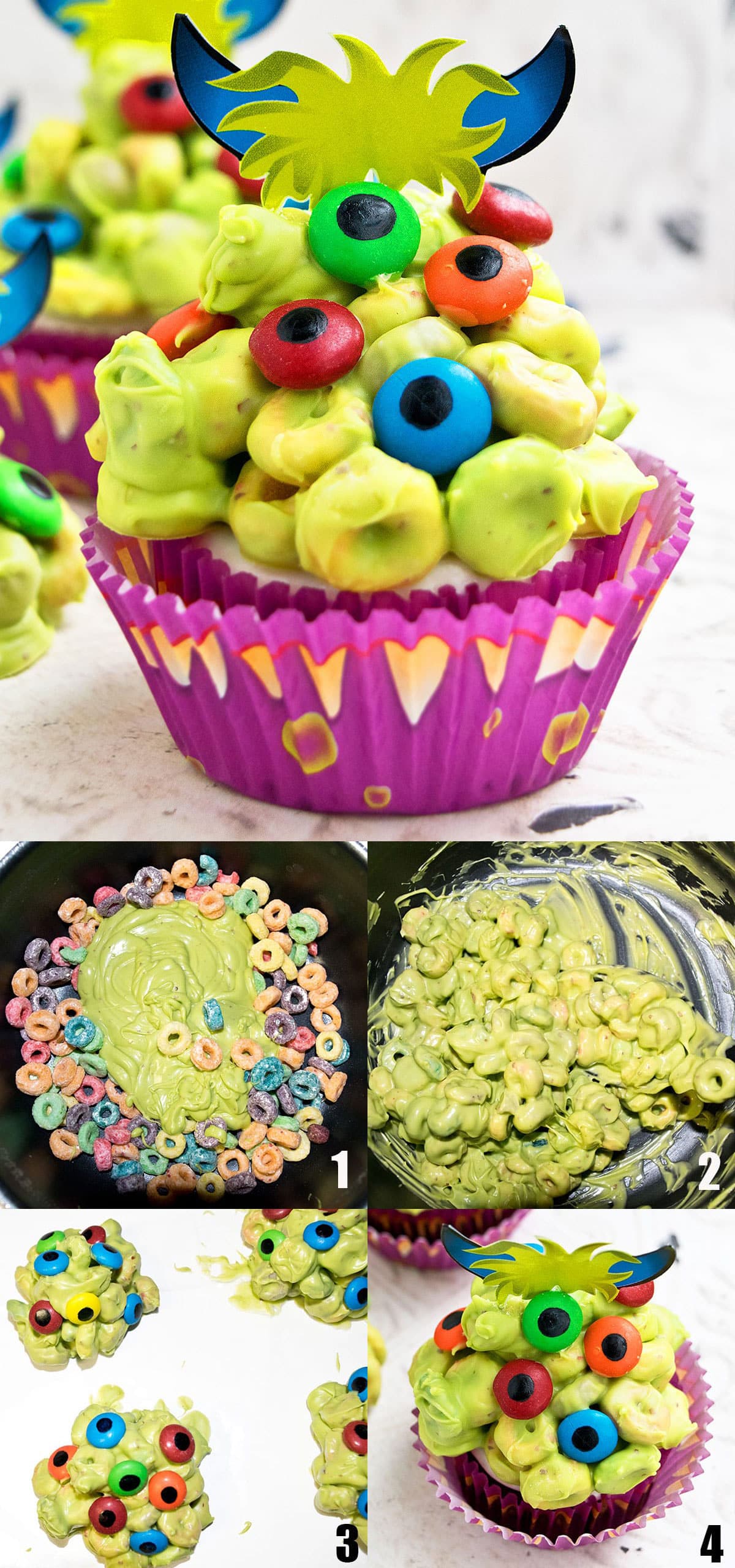 Collage image with step by step process shots on how to make easy Halloween monster cupcakes. 