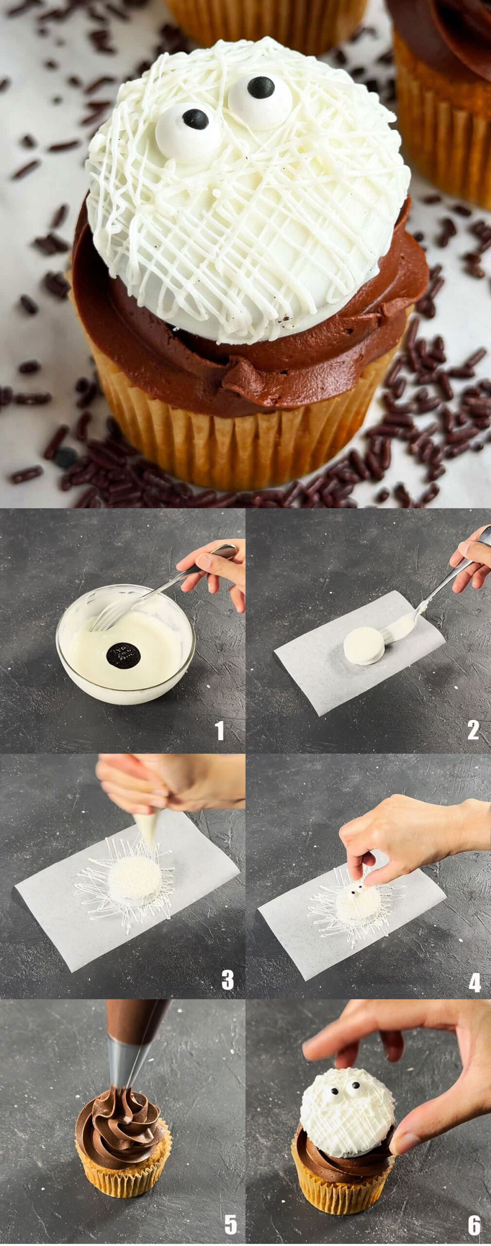 Collage image with step by step process shots on how to make easy Halloween mummy cupcakes. 