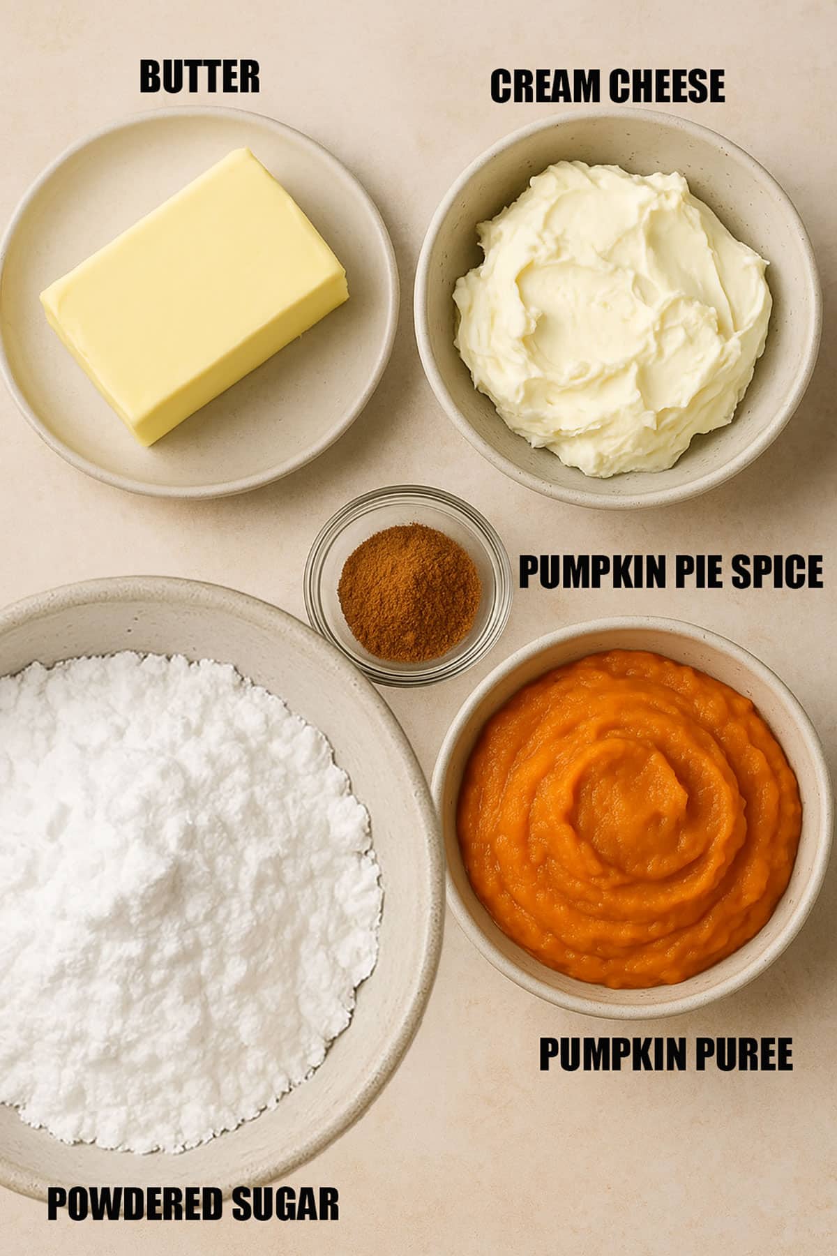 Ingredients in individual bowls on neutral beige background. 
