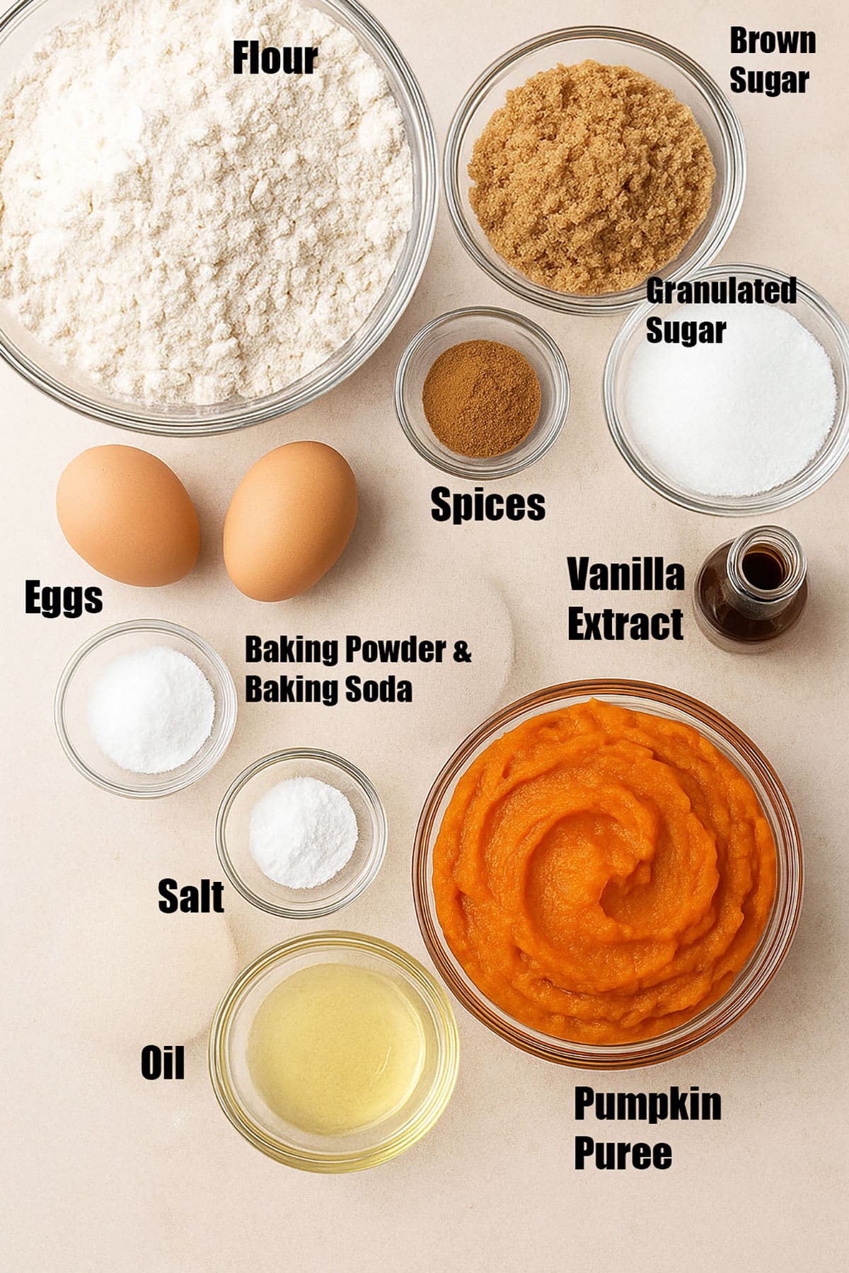 Individual ingredients on neutral beige background. 