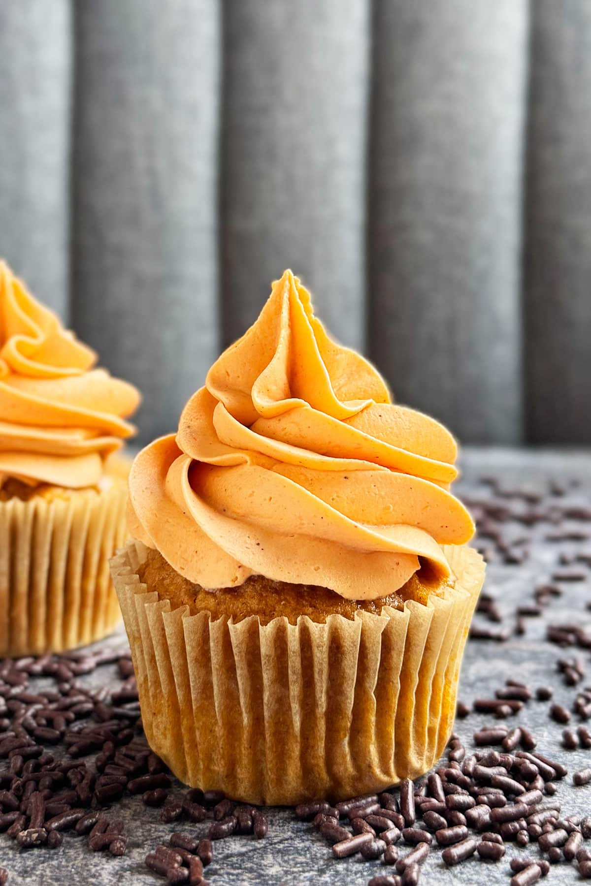 Best Pumpkin Cupcakes From Scratch With Spiced Cream Cheese Frosting on Rustic Gray Background With Chocolate Sprinkles Scattered Everywhere. 
