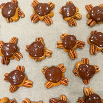 Nut clusters topped with melted chocolate. 