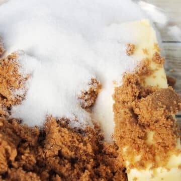 Butter, granulated sugar and brown sugar in a large mixing bowl. 