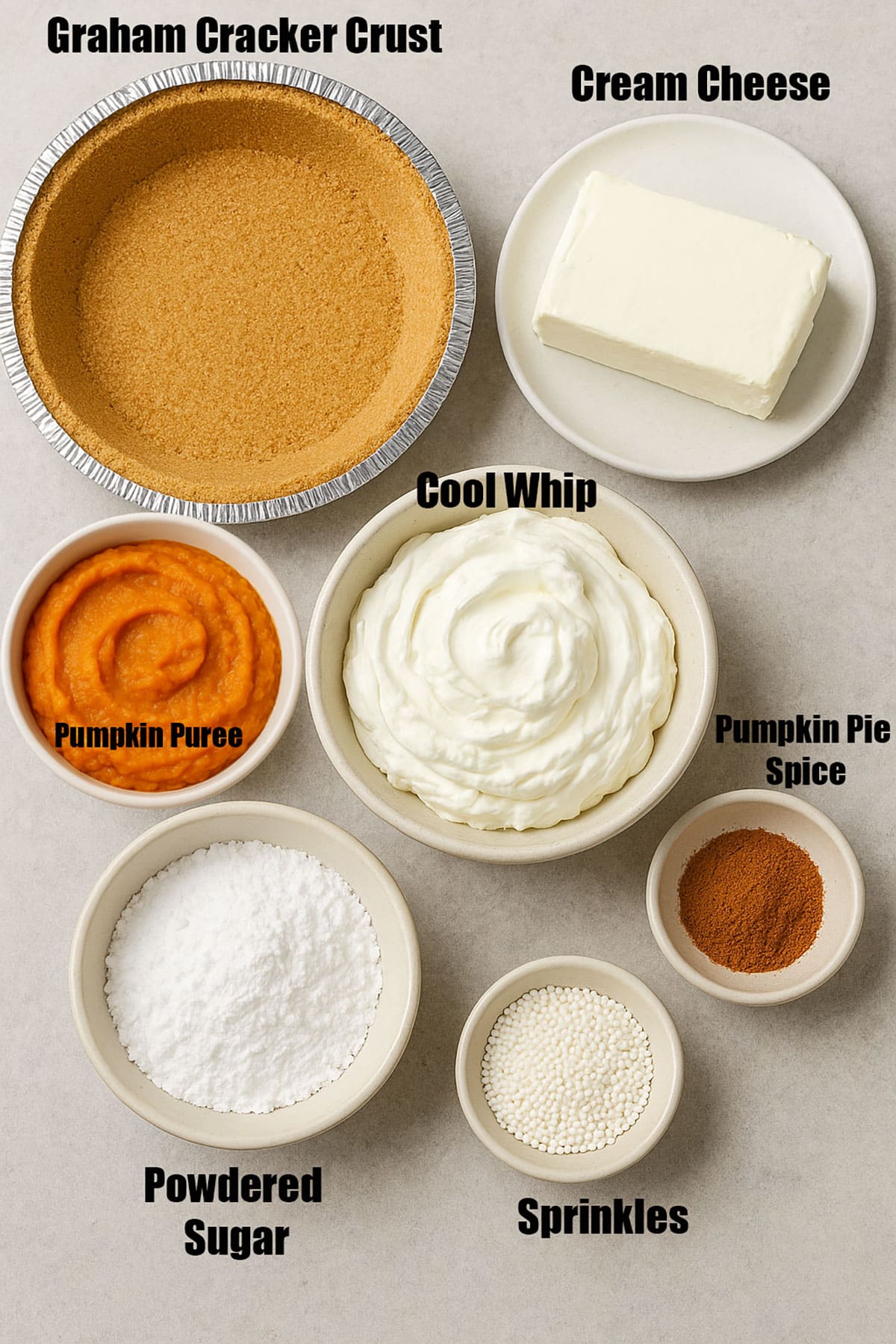 Ingredients for no bake pie on neutral gray background. 