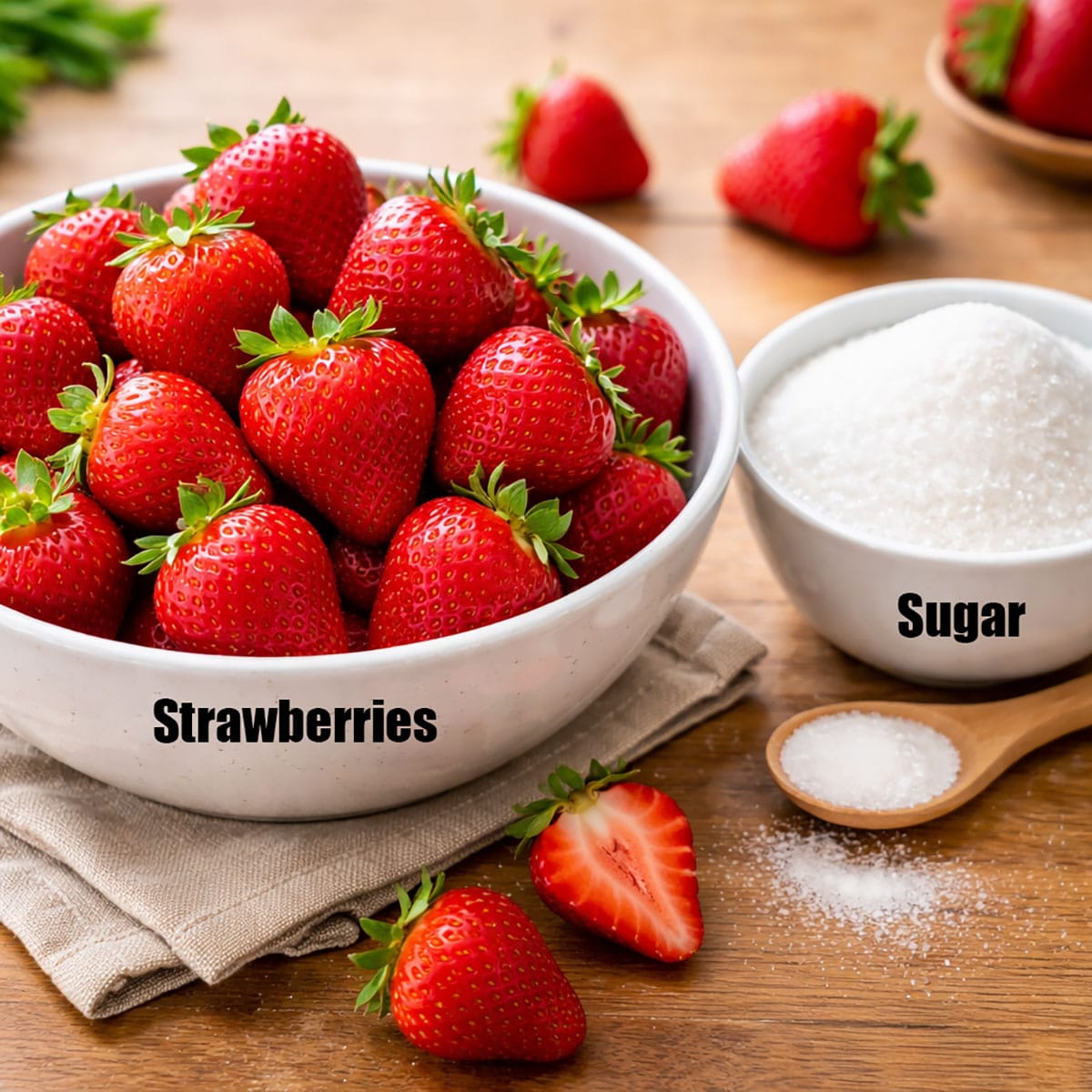 Ingredients in separate bowls on wood background. 