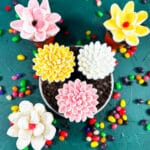 Easy marshmallow cupcakes or flower pot cupcakes on white dish with colorful jelly beans scattered everywhere.