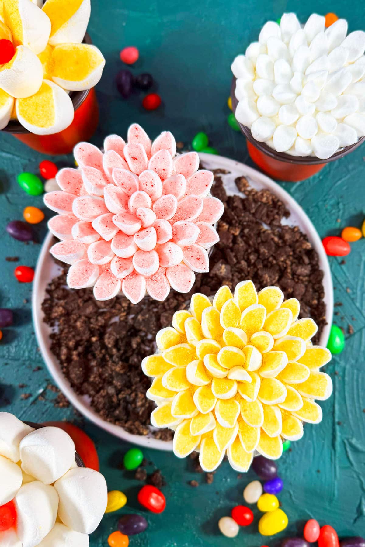 Easy marshmallow cupcakes on white dish with colorful jelly beans scattered everywhere. 
