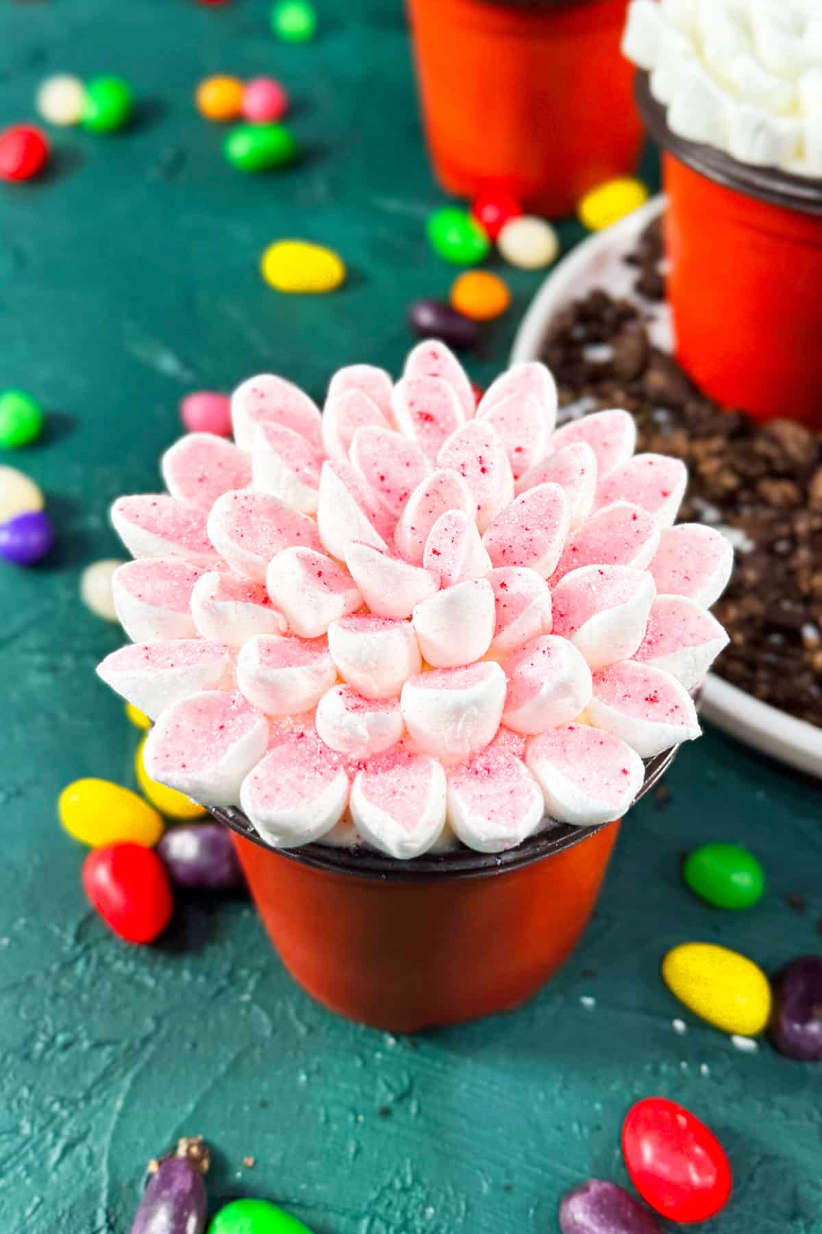Flower pot cupcakes on green background with jelly beans scattered everywhere. 