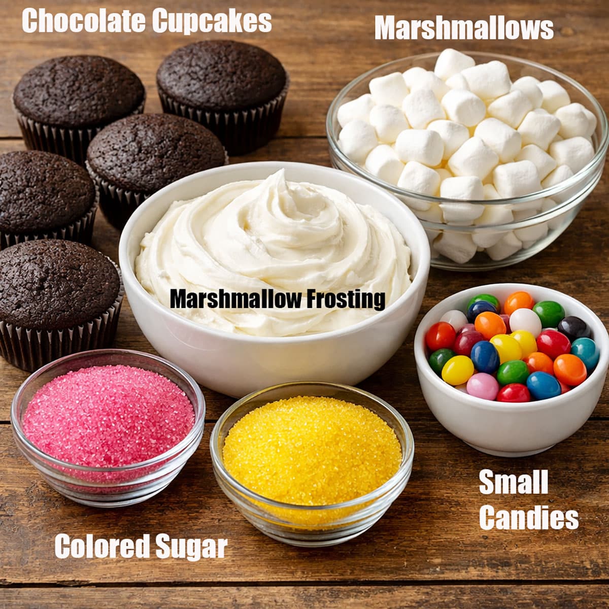 Individual ingredients on wood background. 