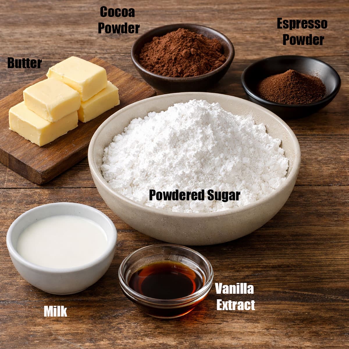 Individual ingredients on wood background.