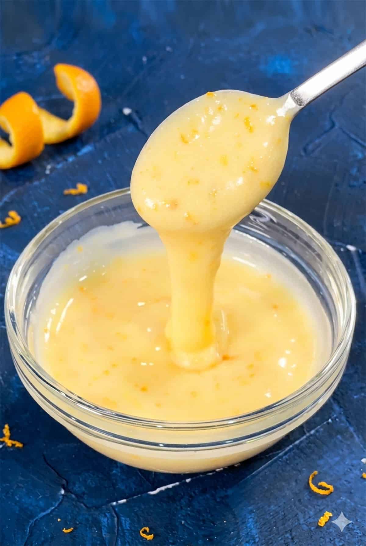 Spoonful of easy orange glaze being poured into a glass bowl. 