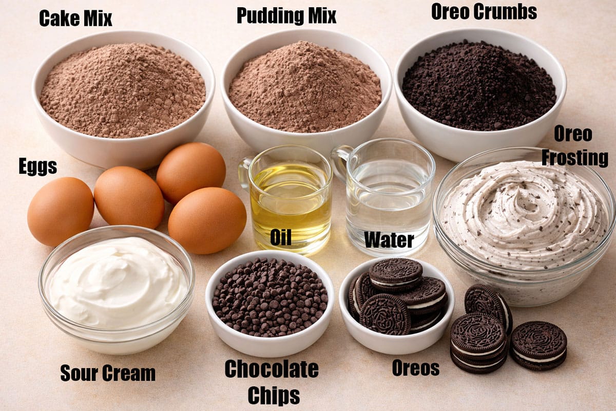 Ingredients for recipe on neutral beige background. 