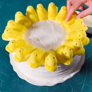 Peeps marshmallows being placed on top of the cake. 