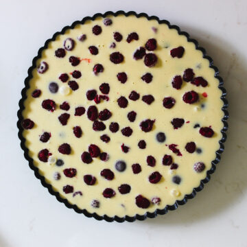 Batter poured on top of fresh fruits. 