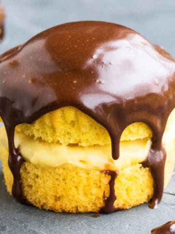 Easy Boston Cream Cupcakes on Gray Background- Closeup Shot.
