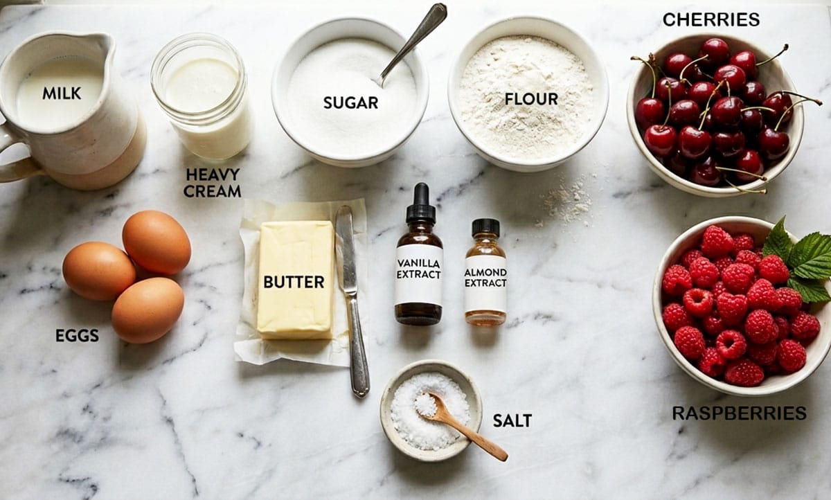 Ingredients for recipe on white marble background. 